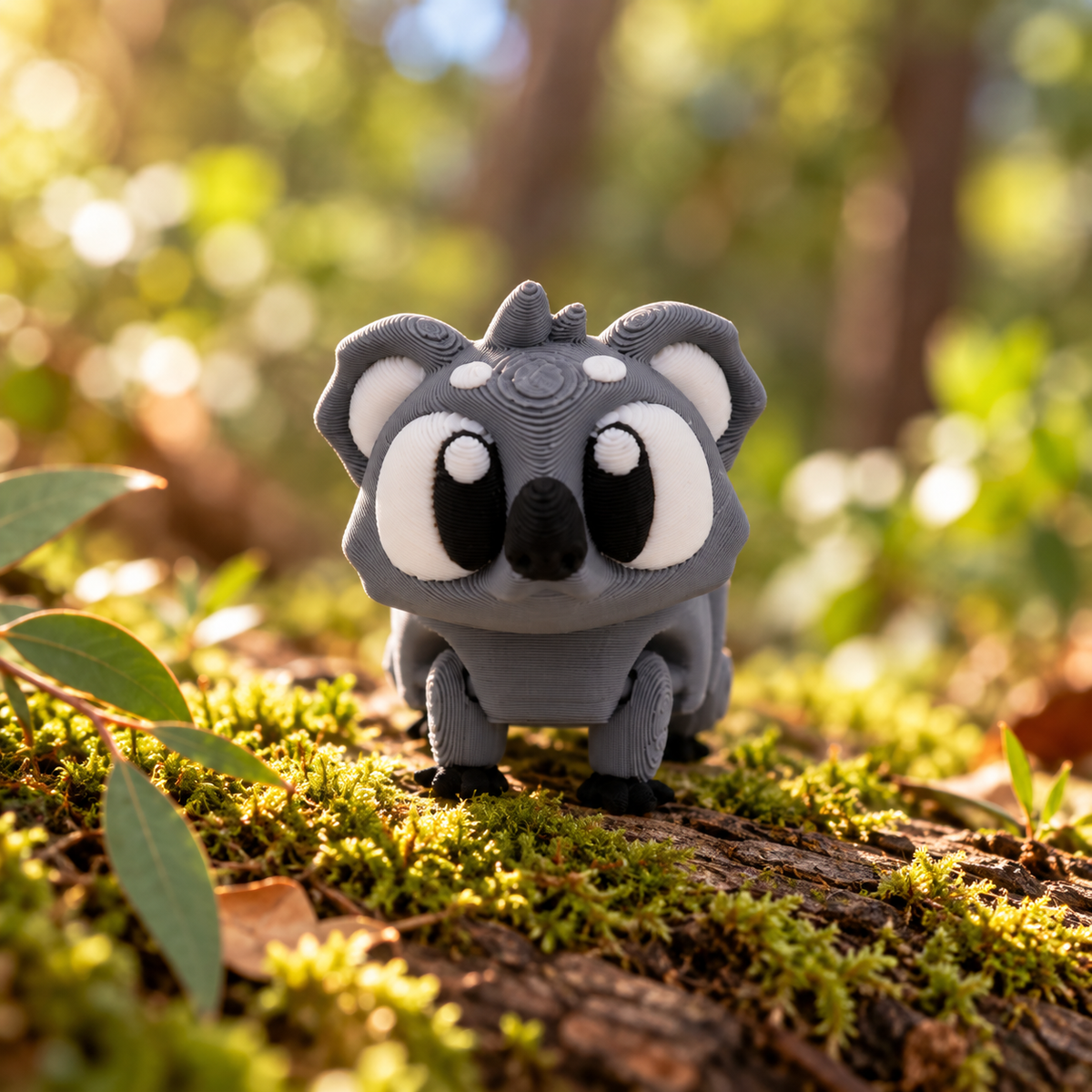Figurine koala grise imprimée en 3D posée sur un tronc couvert de mousse en forêt
