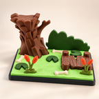 Décor de marais en 3D avec arbre, pont, nénuphars et roseaux